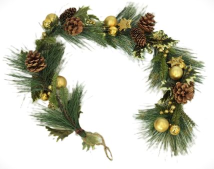 22004 - Gold Christmas Garlands with Pine Cones, Holly & Baubles. Length Apx 1m