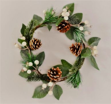 22058 - Wintery Christmas Wreath with pine needles and cones and white baubles with hints of sparkle. Measures  280mm diameter