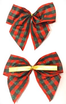 31178 - 40mm Hand tied Red and Green check wired edge ribbon bow with a gold twist tie  (2 pieces in a pack)