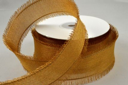 Y858 - 25mm Gold Wired Ribbon with Fringed Edges x 10 Metre Rolls! 