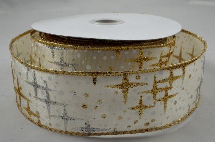 Y838 - 25mm Wired Gold & Silver Glitter Star Printed Ribbon x 10 Metre Rolls!