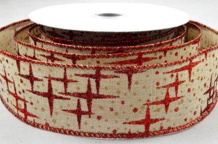 Y839 - 25mm Wired Burlap Red Glitter Star Printed Ribbon x 10 Metre Rolls!