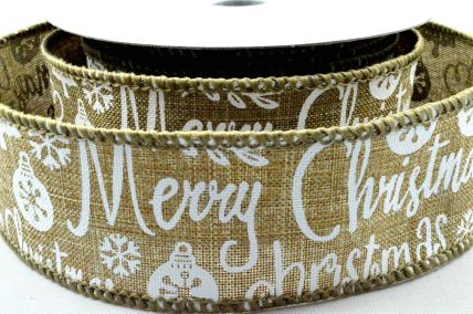 Y863 - 63mm Natural Merry Christmas & Snowflakes Burlap Ribbon x 10 Metre Rolls!