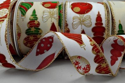 46056 - 38mm & 63mm Wired edge Christmas design ribbon with gold sparkly baubles x 10mts!