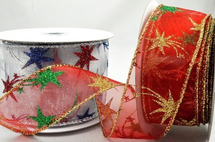 46057 - 38mm & 63mm Wired lurex edge sheer ribbon with a Sparkly Starry design for Christmas x 10mts!