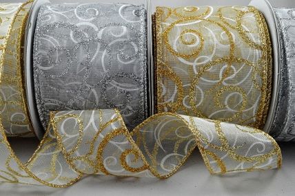 46059 - 38mm & 63mm Wired Lurex edge sheer ribbon with a Glittery and Sparkly Christmas swirl design x 10mts!