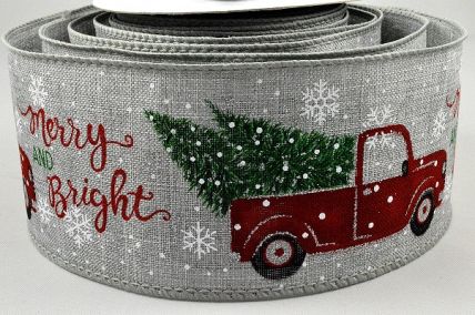 46060 - 63mm Ice Grey wired Jute ribbon with a colourful Christmas tree and car delivering your festive message x 10mts