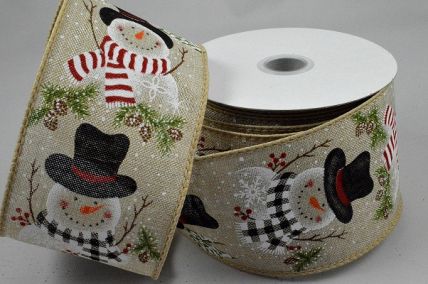 46061 - 63mm Natural wired edge Jute ribbon with a colourful and jolly snowman design with pine trees and snowflakes  x 10mts