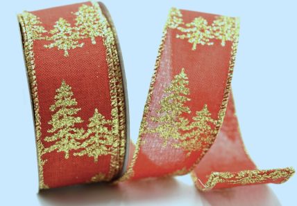 Y866 - 38mm Red Bright and Sparkly lurex wired edge ribbon with a Christmas tree wintery design x 10mts!