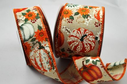 46065 - 38mm/63mm Wired woven edge natural ribbon with a Pumpkin Halloween and Autumn design x 10mts