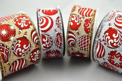 46066 - 63mm Bright Red and White Christmas Baubles with a hint of sparkle and a beautiful lurex wired woven edge x 10mts