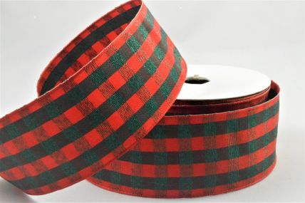 46078 - 40mm Wired Edge Modern Check Stripe Red and Green ribbon  x 11mts