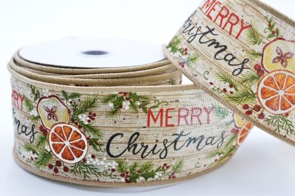 Y856 - 63mm Wide woven wired edge Natural festive Merry Christmas ribbon x 10mts