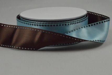 Y64 - 35mm Wired Brown & Baby Blue 50/50 Filmstrip Ribbon x 10 Metre Rolls!